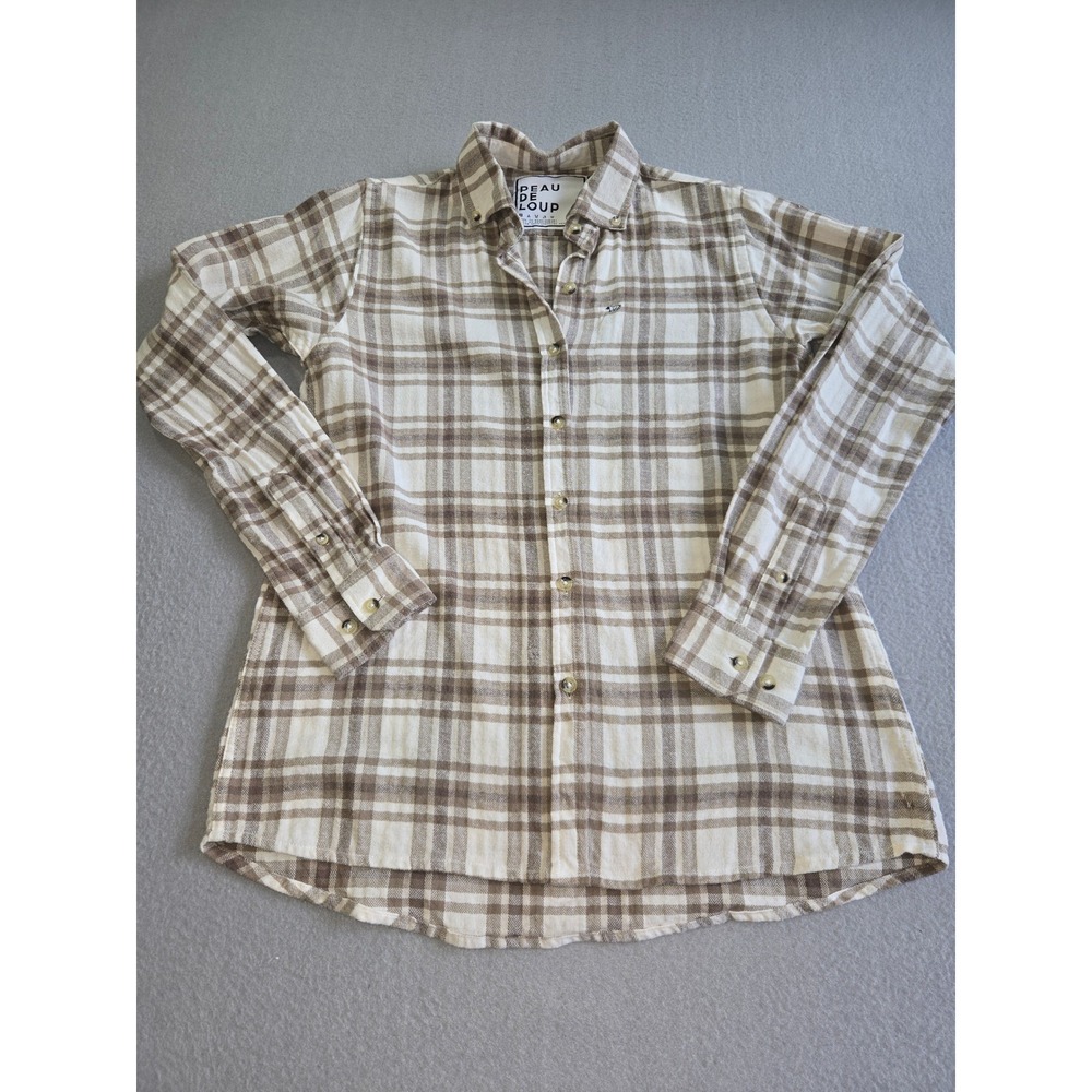 Peau De Loup Plaid Button Down Shirt Women Size‎ 4 Tan Upcycled Cotton Long Slv
